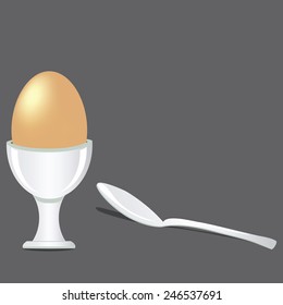 an illustration of a brown egg in an egg cup with a silver spoon near by and shadows from objects