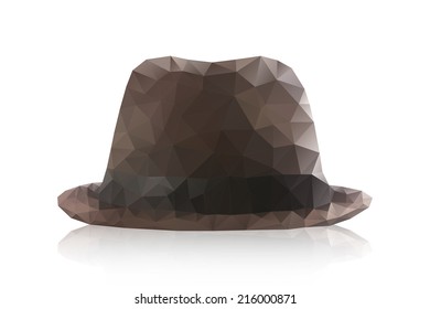 Illustration of brown fedora hat with polygonal style on white background, vector.