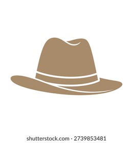 Illustration of a brown fedora hat with a white ribbon band around the crown