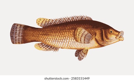 Illustration of a brown fish with detailed scales and fins. The fish has a prominent mouth and a textured body. Fish illustration with brown scales and fins. Vintage fish illustration vector.