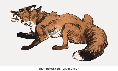 Illustration of a brown fox, showing its detailed fur and bushy tail. The fox is depicted in a dynamic pose, highlighting its natural agility and wild nature. Vintage illustration isolated, vector.