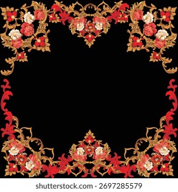 Ilustración con marco marrón decorado por flores de rosa aisladas sobre fondo negro