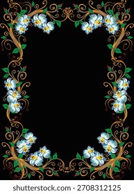 Ilustración con marco marrón decorado por flores aisladas sobre fondo negro