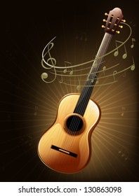Illustration of a brown guitar with musical notes