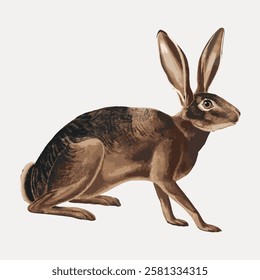 Illustration of a brown hare with large ears. The hare is sitting, showcasing its distinctive ears and brown fur. A realistic depiction of a brown hare. Vintage animal illustration isolated, vector.