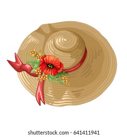 Illustration of a brown hat with ribbon and poppy flowers on a white background 