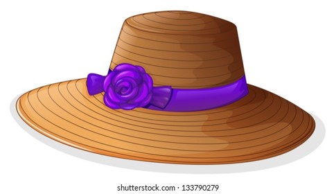 Illustration of a brown hat with a violet ribbon on a white background