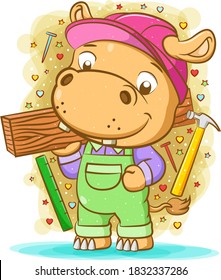 The illustration of the brown hippopotamus use the green overall and hold the wood