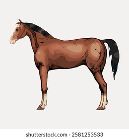 Illustration of a brown horse with a black mane and tail, standing sideways. The horse has a muscular build and a calm demeanor, showcasing its elegance. Vintage horse illustration isolated, vector.