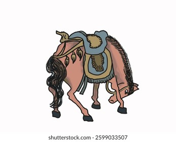 An illustration of a brown horse eating grass while wearing a saddle and standing backwards