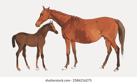 Illustration of a brown horse and foal standing together. The horse and foal are depicted in a simple, artistic style. Horse and foal in profile view. Vintage Japanese illustration vector.