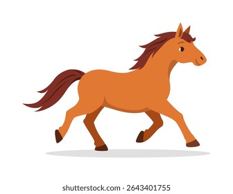 Illustration of a Brown Horse Trotting with its Tail Flowing Freely on a White Background