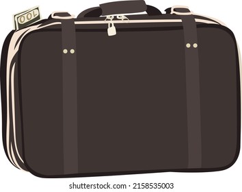 Illustration of a brown leather case with handles and dollar bills peeking out