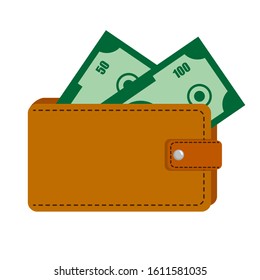 Illustration of a brown leather purse, wallet with dollar green banknotes of different face value. On a white background. For sites, prints, banners, advertising, banks and financial companies.