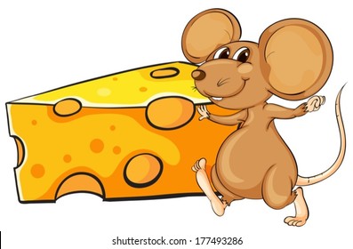 Illustration of a brown mouse beside the big slice of cheese on a white background