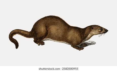 Illustration of a brown otter with a sleek body and long tail. The otter is depicted in a side view, showcasing its smooth fur and natural stance. Vintage animal illustration isolated, vector.