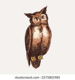 Illustration of a brown owl with detailed feathers. The owl has large eyes and a curious expression. Brown owl perched, showcasing its detailed feathers. Vintage illustration isolated on white, vector