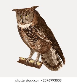 Illustration of a brown owl perched on a branch. The owl features detailed feathers and bright eyes. The owl's posture is upright and alert. Vintage style art drawing, isolated vector element.