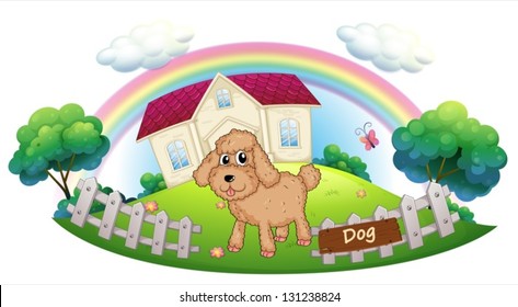 Illustration of a brown puppy in front of a house on a white background