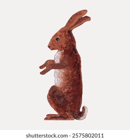 Illustration of a brown rabbit standing upright. The rabbit has a textured fur pattern. Brown rabbit with upright posture. Cute rabbit illustration. Vintage illustration isolated on white, vector.