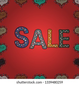 Illustration in brown, red and black colors. Seamless pattern. Vector lettering. Sale banner.
