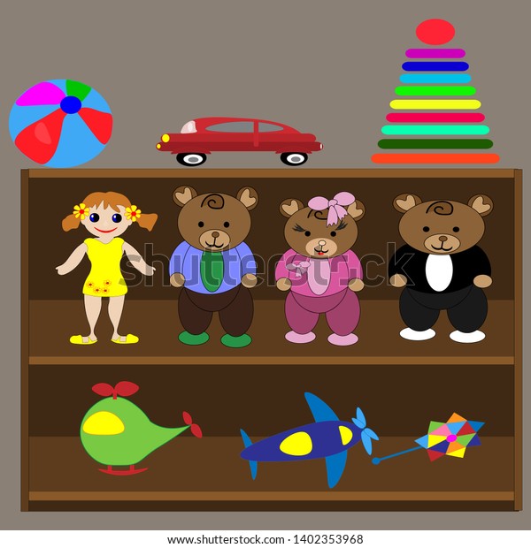 illustration of brown shelf with toys cartoon\
white background vector\
graphics
