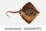 Illustration of a brown skate with distinct patterns. The skate features a long tail and textured skin. Skate, brown, patterns, tail, and texture are key elements. Marine life illustration vector.