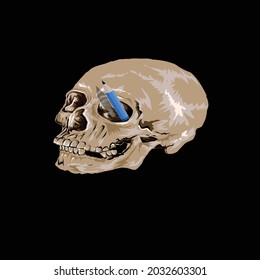 Illustration of a brown skull logo with a pencil in the eye, vector isolated