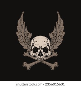 illustration of a brown skull and wings using hand-drawn techniques and giving a classic impression