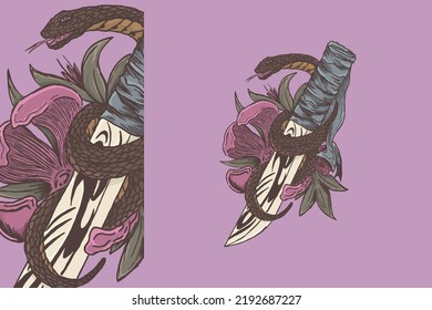 Illustration brown snake wrapped around knife and cherry blossom decoration purple background