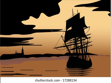 illustration with brown sunset ship silhouette