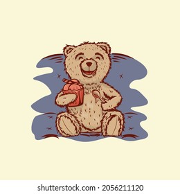 Illustration of a brown teddy bear eating ice cream with a spoon on a cream background