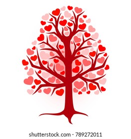 illustration of a brown tree with red hearts on a white background