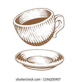 Illustration der braunen, vektorisierten Tintenfisch-Skizze des Kaffeecups einzeln auf weißem Hintergrund