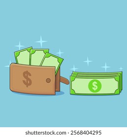 Illustration of a brown wallet filled with dollar bills next to a stack of cash on a light blue background. Sparkling effects emphasize wealth, money, and financial success.