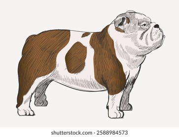 Illustration of a brown and white bulldog standing. The bulldog has a muscular build and distinctive facial features. Bulldog illustration with brown patches. Vintage animal illustration vector.