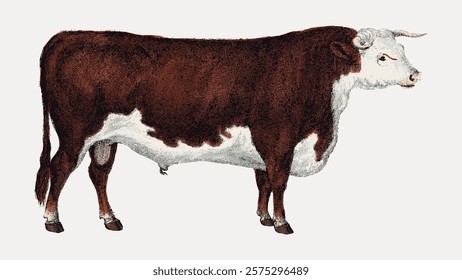 Illustration of a brown and white cow. The cow stands in profile, showcasing its detailed fur texture. Cow illustration highlights its natural colors and features. Vintage vector element.