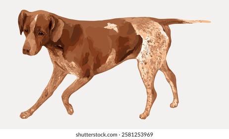 Illustration of a brown and white dog walking. The dog has a short tail and is mid-stride. Brown and white dog in motion. Simple dog illustration.