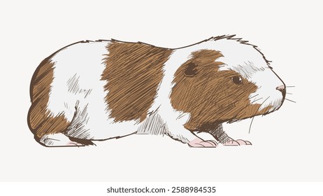 Illustration of a brown and white guinea pig. Guinea pig sketch with brown patches. Cute guinea pig drawing, brown and white guinea pig art. Vintage animal illustration vector.