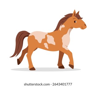 Illustration of a Brown and White Horse Walking, in a Cartoon Style on White Background