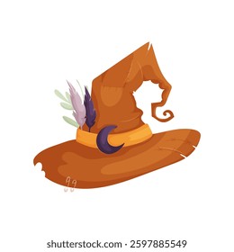 Illustration of a brown witch hat featuring a crescent moon emblem, decorative feathers, and a yellow band on a white background. Rustic Witch Hat with Moon and Feathers