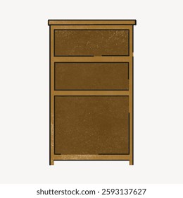 Illustration of a brown wooden cabinet with three drawers. Simple cabinet design, wooden texture. Brown cabinet, three drawers, wooden furniture. Isolated vector illustration.