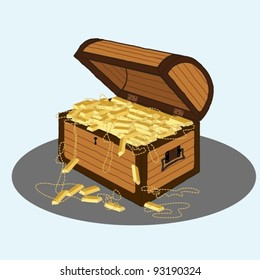 illustration of a brown wooden treasure chest with golds, necklace, coins and treasures inside isolated.