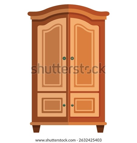 Illustration of a brown wooden wardrobe with two doors and green handles, isolated on a white background. Furniture design element.
