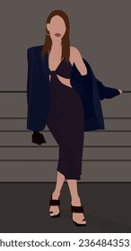 Illustration of a brown-haired woman in a sundress and jacket. In sandals and with a handbag. Design for avatars, posters, backgrounds, templates, banners, textiles, cards.