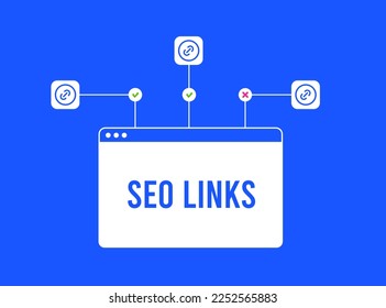 Ilustración de un navegador con la inscripción SEO Links, destacando la diferencia entre los enlaces traseros en vivo y los enlaces seo rotos muertos para el ranking de buscadores de sitios web.