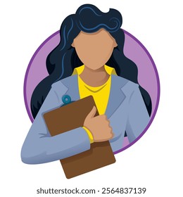 Illustration of a brunette executive woman holding a clipboard. Ideal for catalogs, newsletters and institutional material