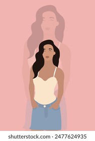 Illustration of brunette girl cute on pale pink background.