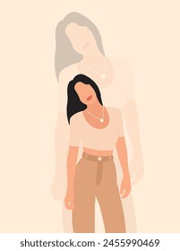 Illustration of brunette girl stylish on light pink background.