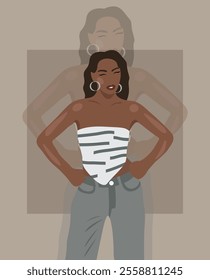 Illustration of brunette girl stylish on dark gray background.